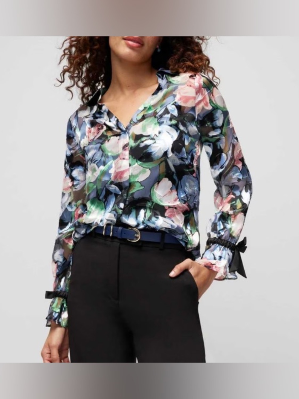 White House Black Market Floral Semi-Sheer Blouse